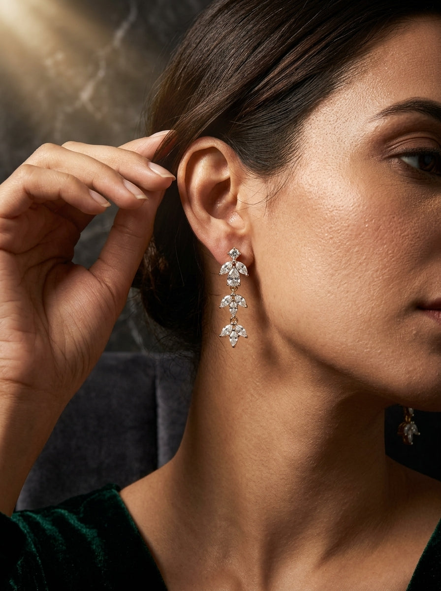 Contemporary Linear Earrings | Diamond Studded | Gold Plated