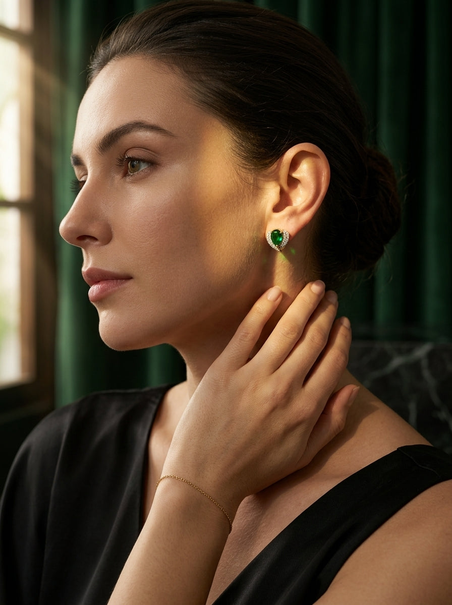 Emerald Petite Studs | Green Stone & Diamond | Gold Plated