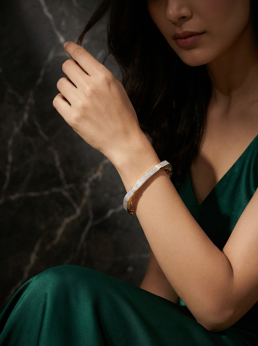 Opulent Diamond Bangle | Wide Profile | Gold Plated