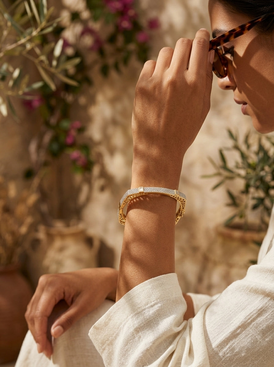 Opulent Diamond Bangle | Wide Profile | Gold Plated