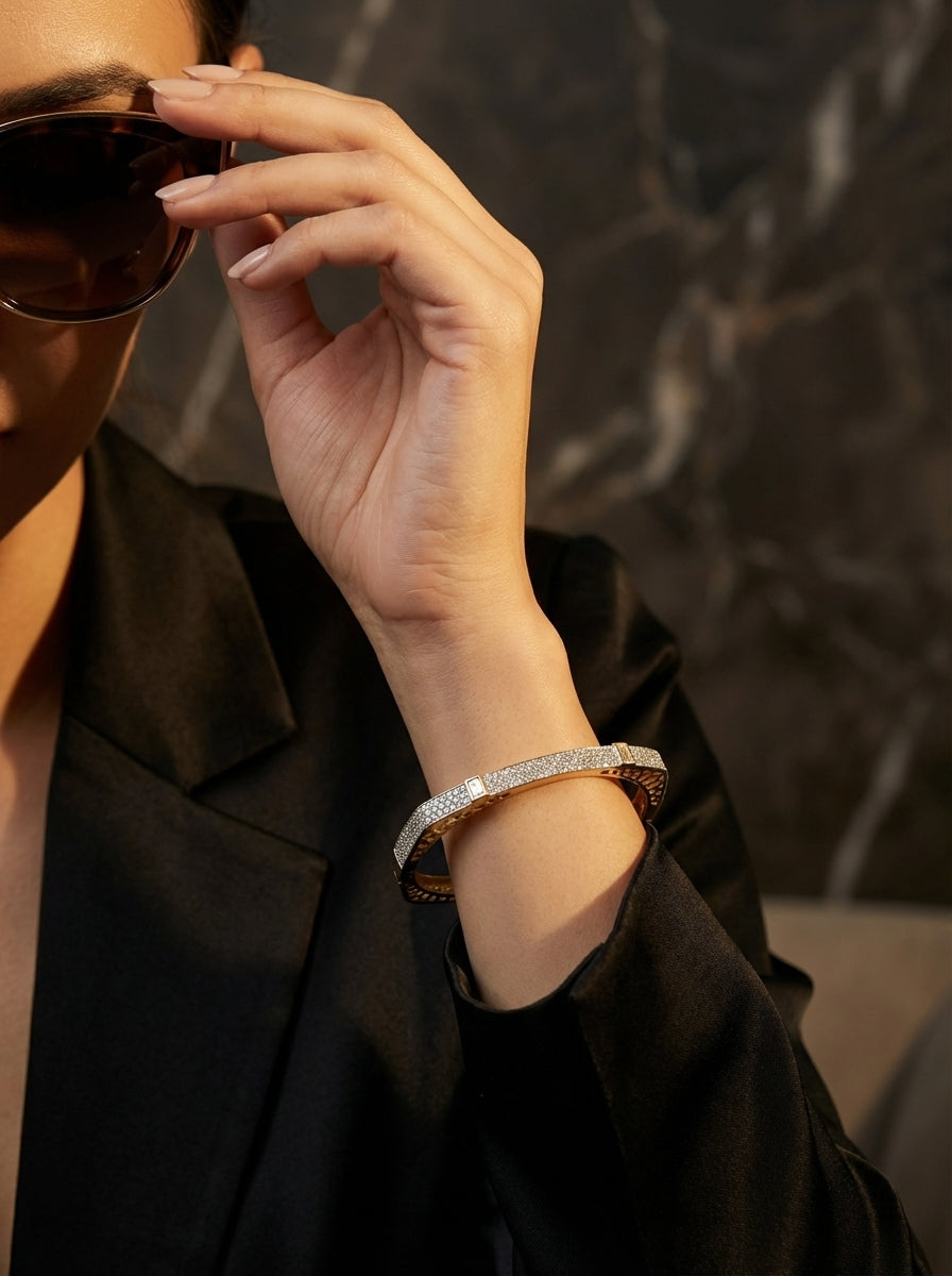 Opulent Diamond Bangle | Wide Profile | Gold Plated