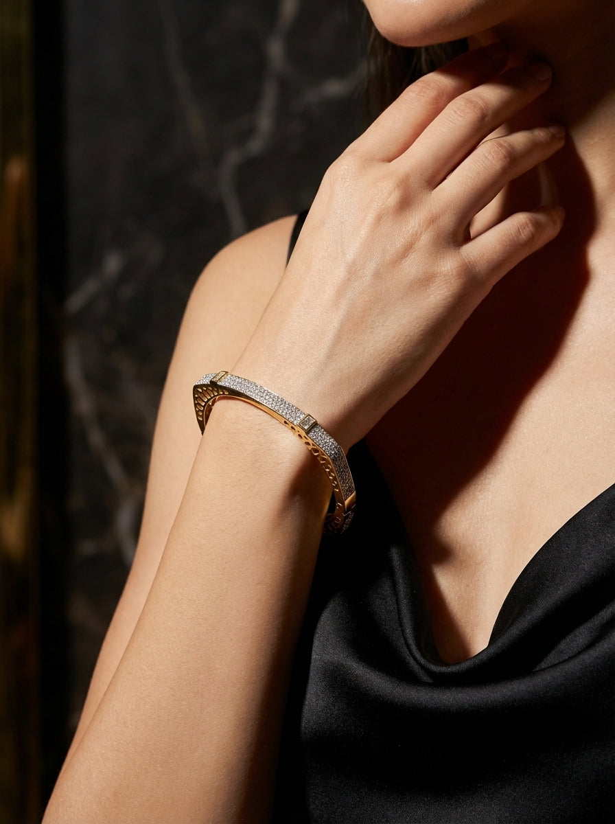 Opulent Diamond Bangle | Wide Profile | Gold Plated