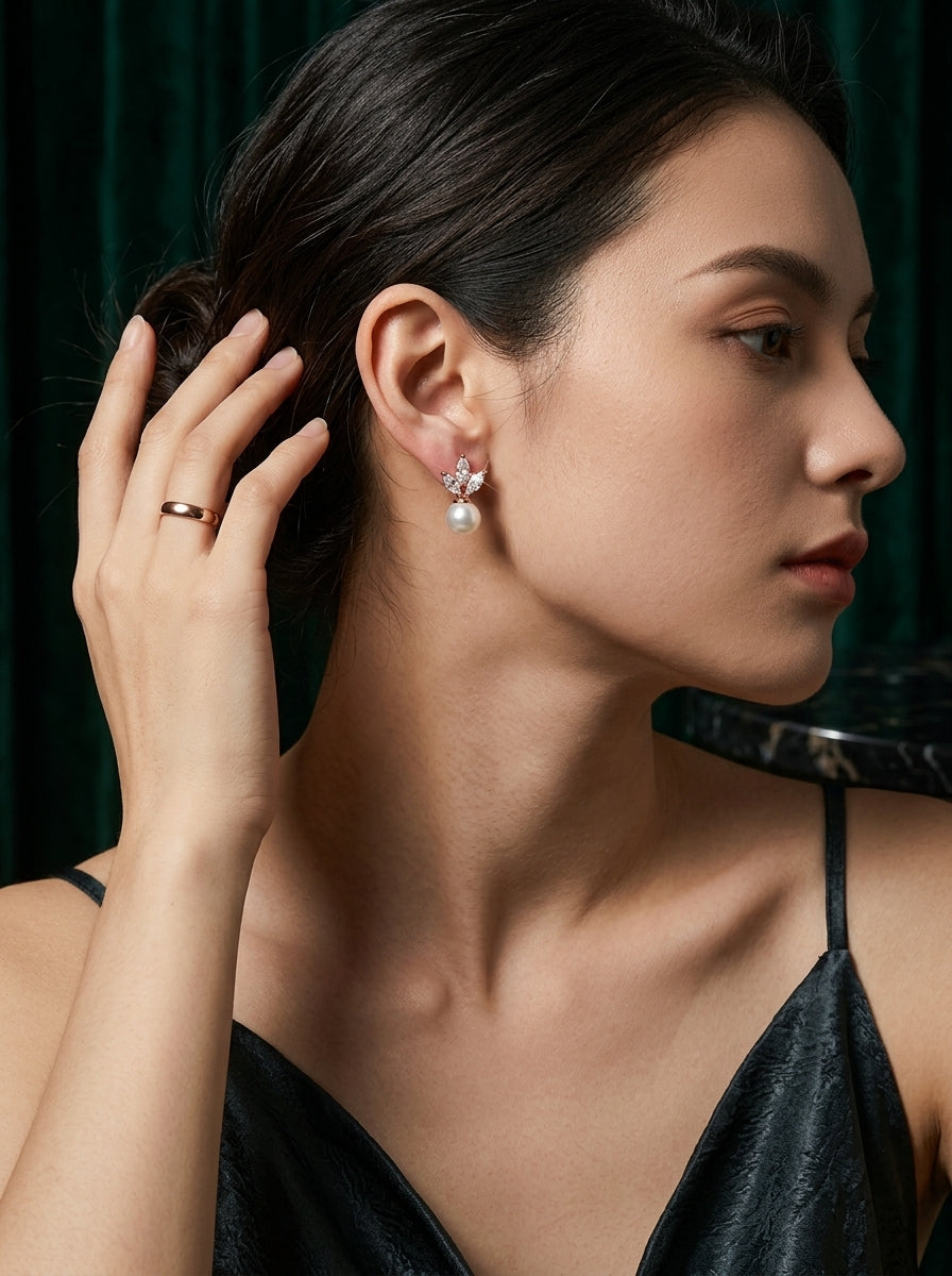 Pearl Dew Drop Earrings | Rose Gold Plated | Korean Style