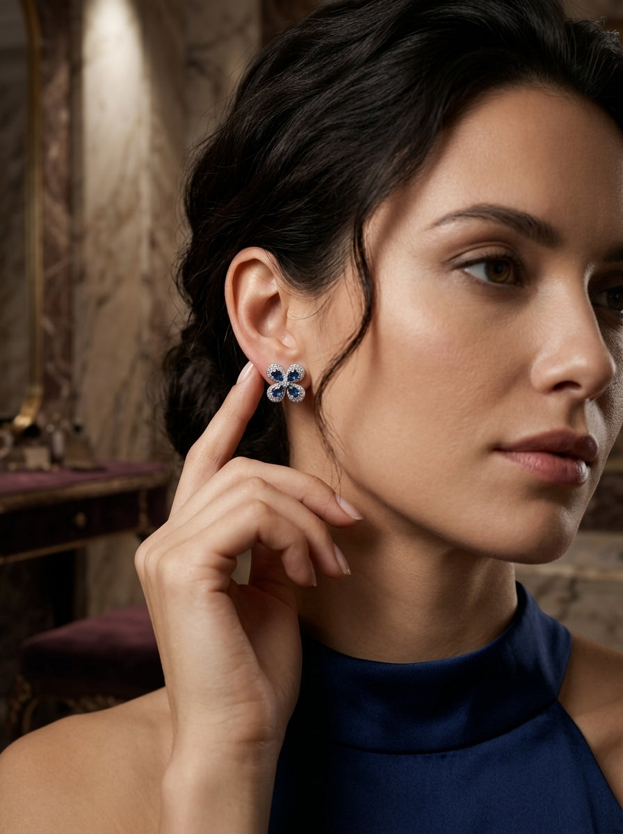 Sapphire Elegance Studs | Blue Stone & Diamond | Silver Plated