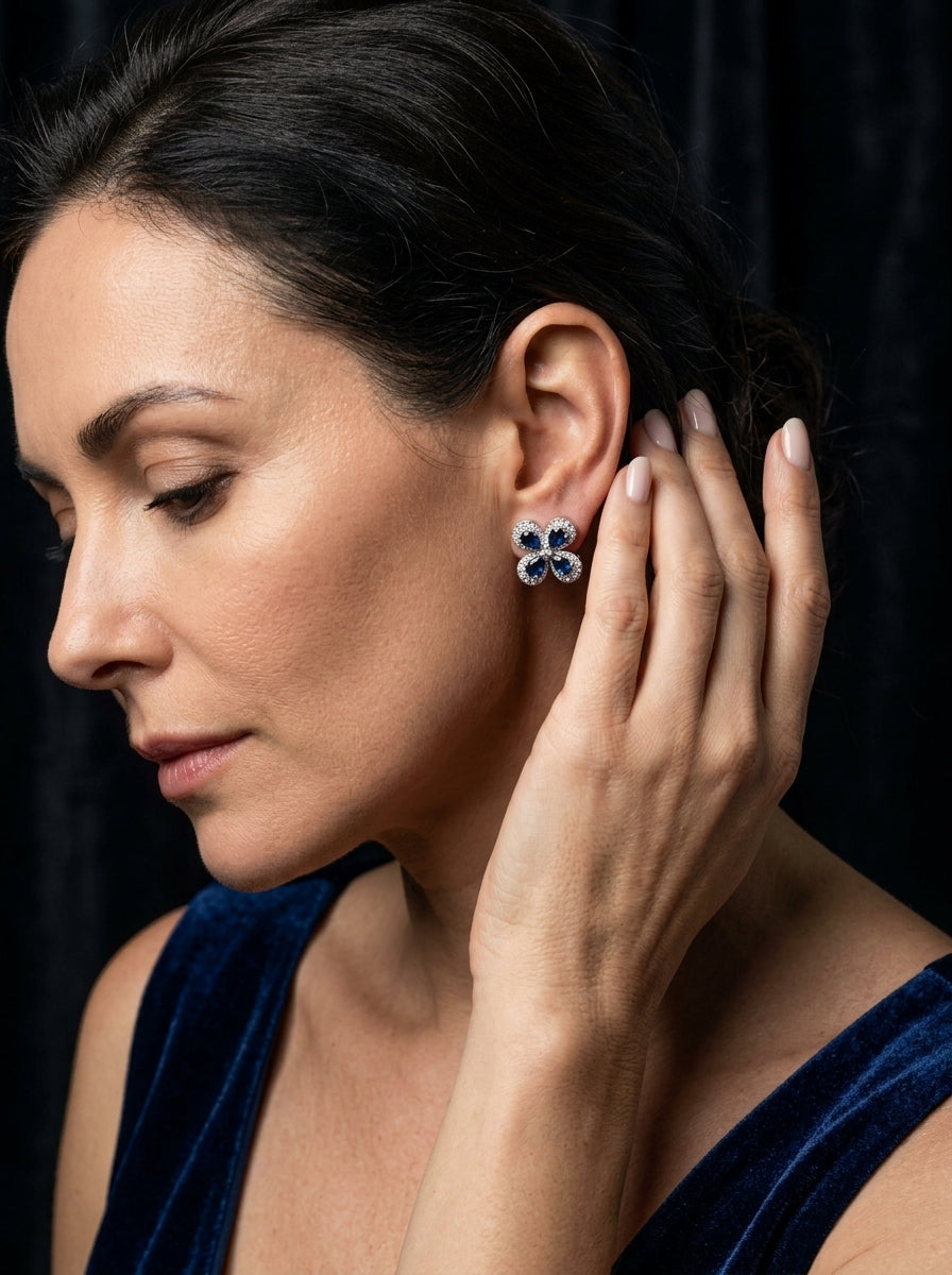 Sapphire Elegance Studs | Blue Stone & Diamond | Silver Plated