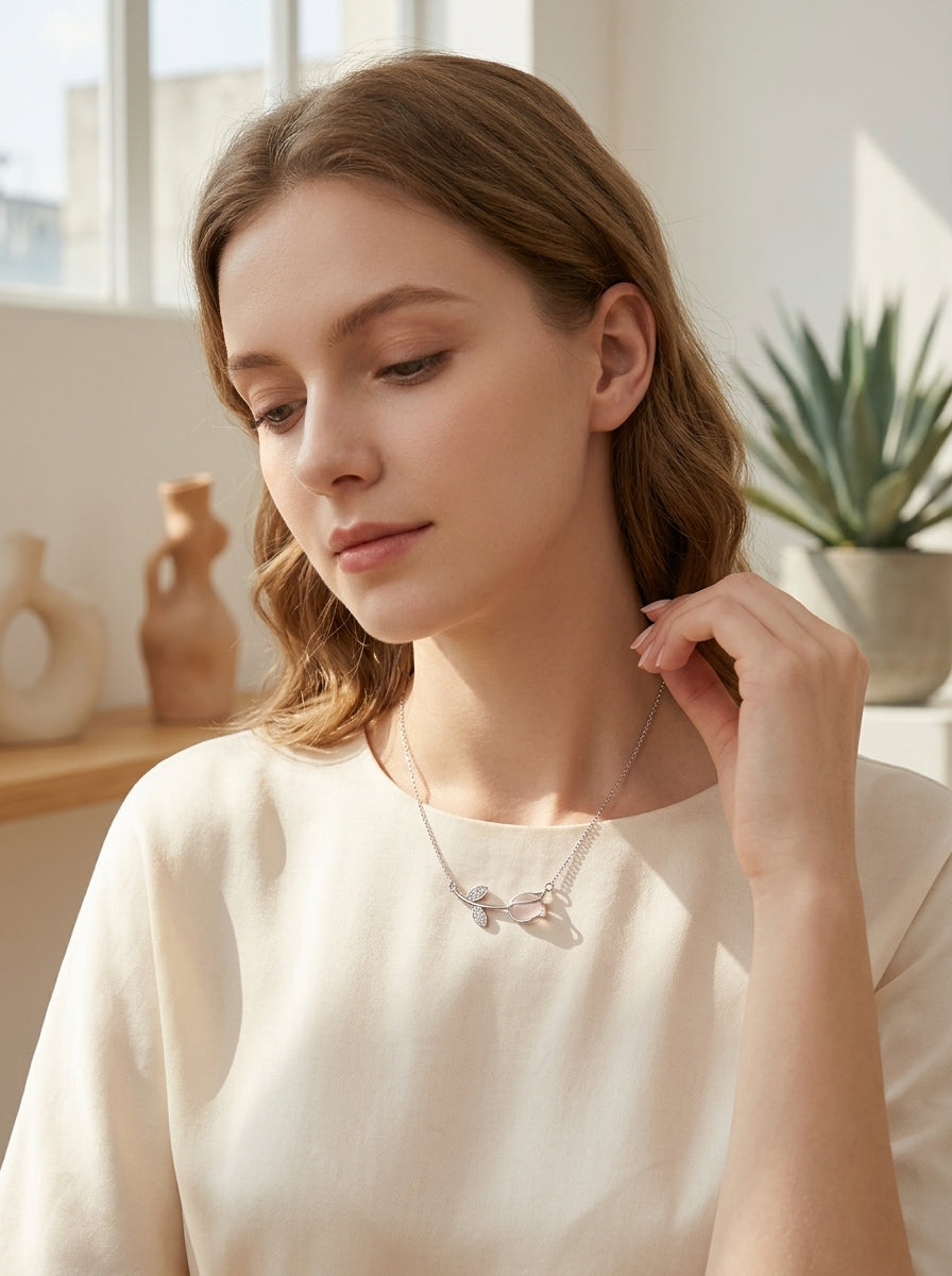 Sleek Lotus Pendant | Diamond Studded | Silver Plated