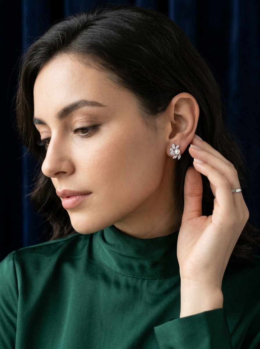 Pearl Elegance Studs | Pearl & Diamond | Silver Plated