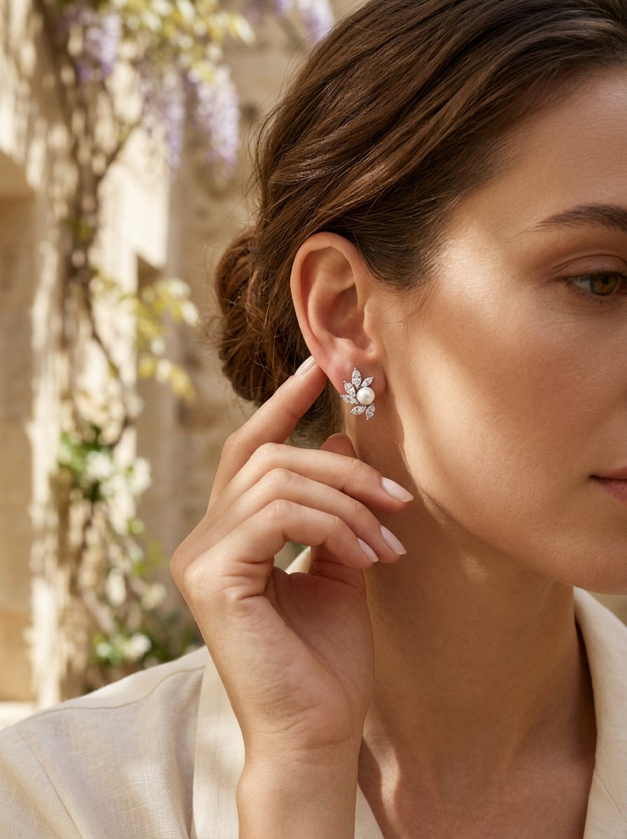 Pearl Elegance Studs | Pearl & Diamond | Silver Plated