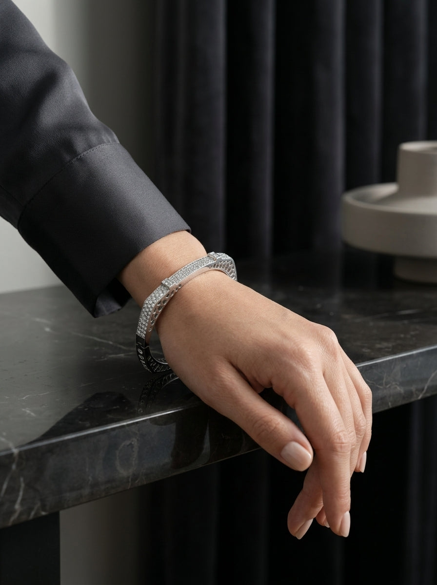 Statement Silver Bangle | Diamond Studded | Elegant Profile