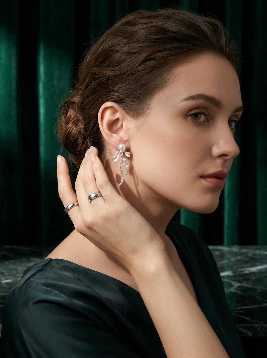 Cascading Pearl Earrings | Pearl & Diamond | Silver Plated