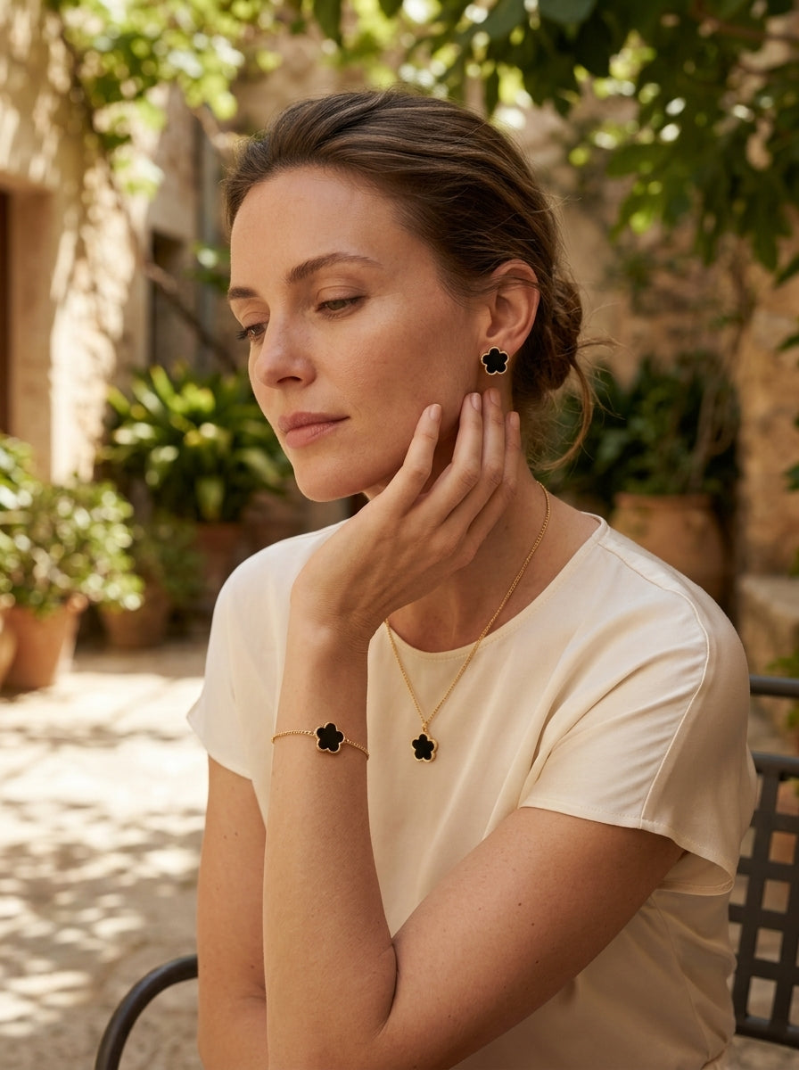 Black Clover Trio Set | Pendant, Earrings & Bracelet | Silver Plated