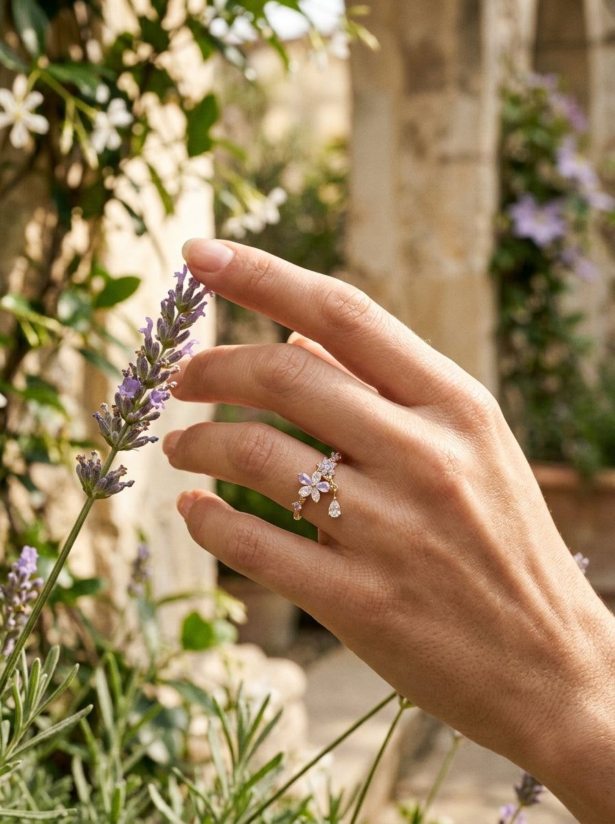 Radiant Lavender Dew Ring | Diamond Studded | Gold Plated