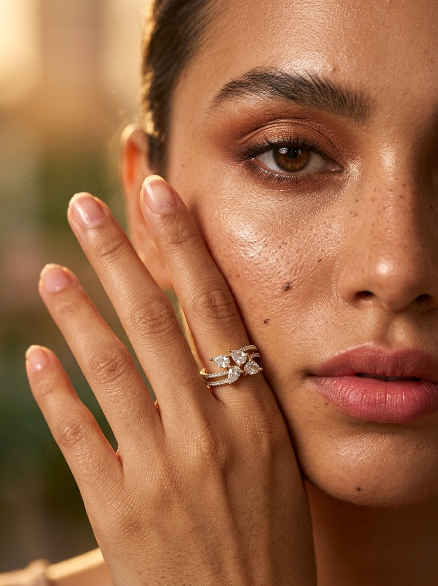 Radiance Square Ring | Diamond Studded | Adjustable Gold Plated
