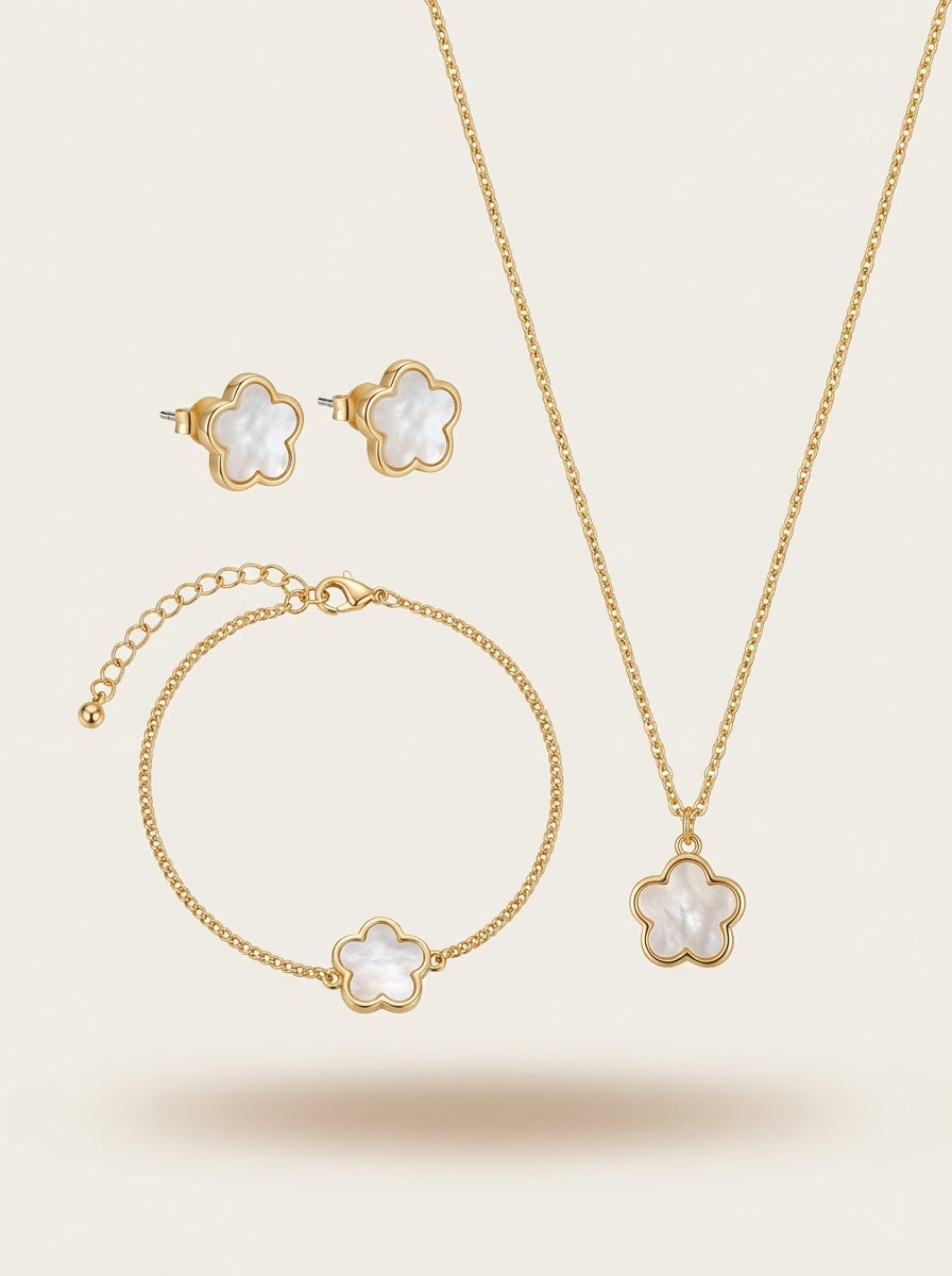 Clover Trio Set | Pendant, Earrings & Bracelet | Gold Plated