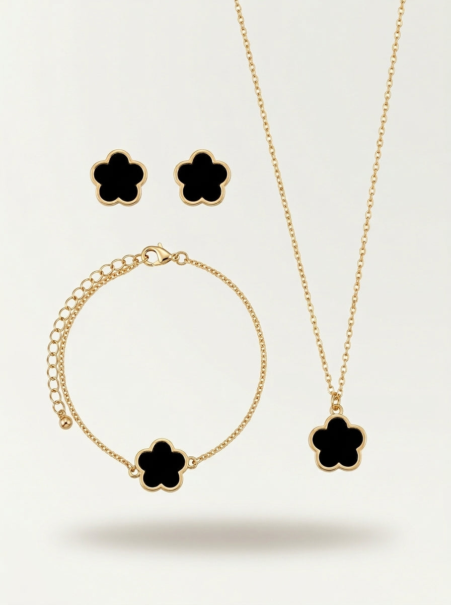 Black Clover Trio Set | Pendant, Earrings & Bracelet | Silver Plated