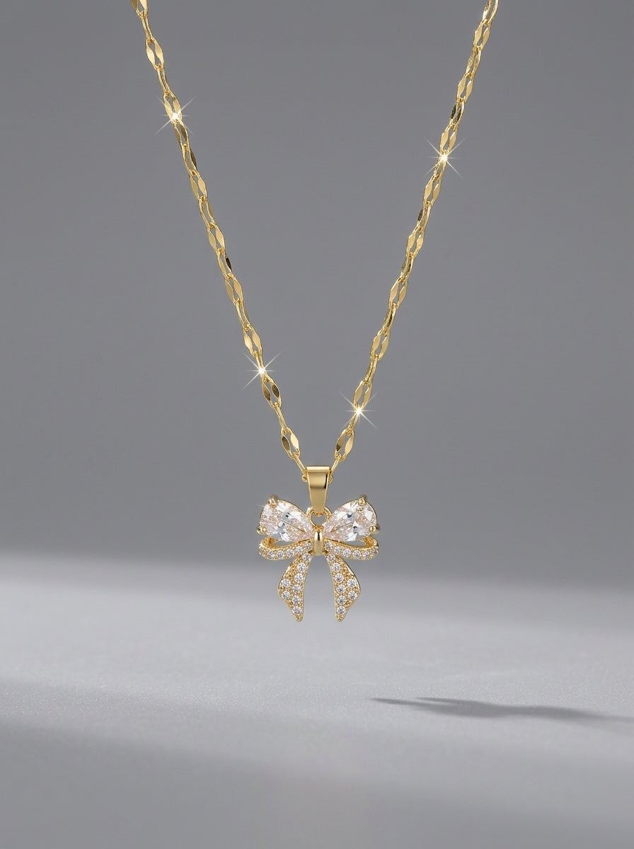 Enchanted Bow Pendant | Diamond Studded | Adjustable Gold Chain