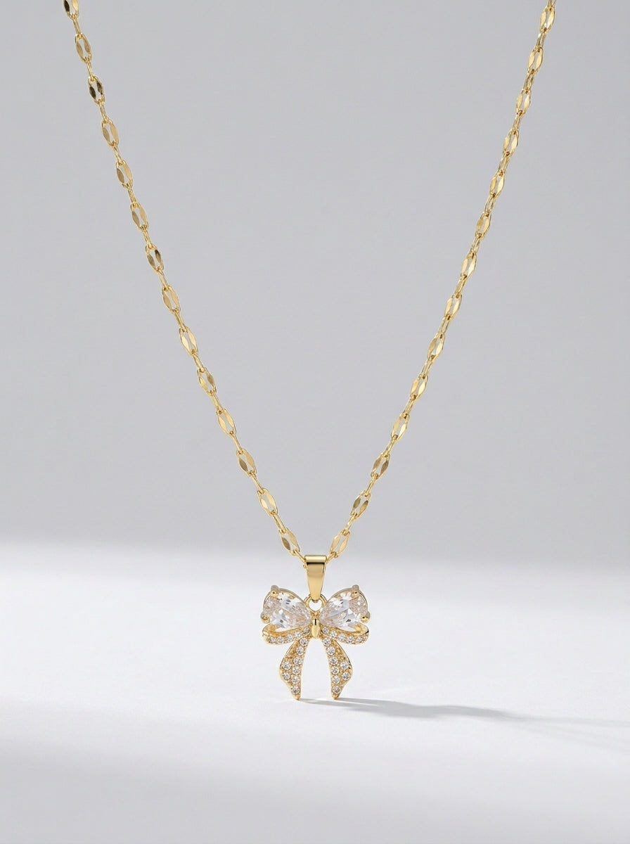 Enchanted Bow Pendant | Diamond Studded | Adjustable Gold Chain