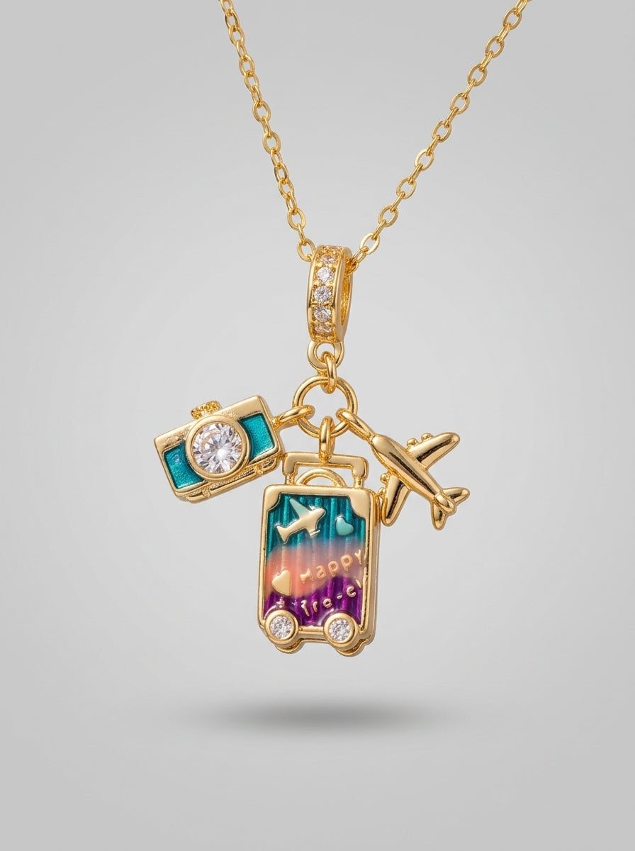 Wanderlust Travel Pendant | Colored Diamond Studded | Adjustable Chain