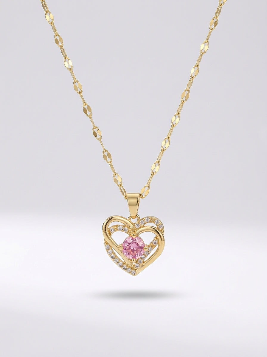 Blush Heartstone Pendant | Diamond Studded | Adjustable Gold Chain