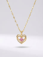 Blush Heartstone Pendant | Diamond Studded | Adjustable Gold Chain