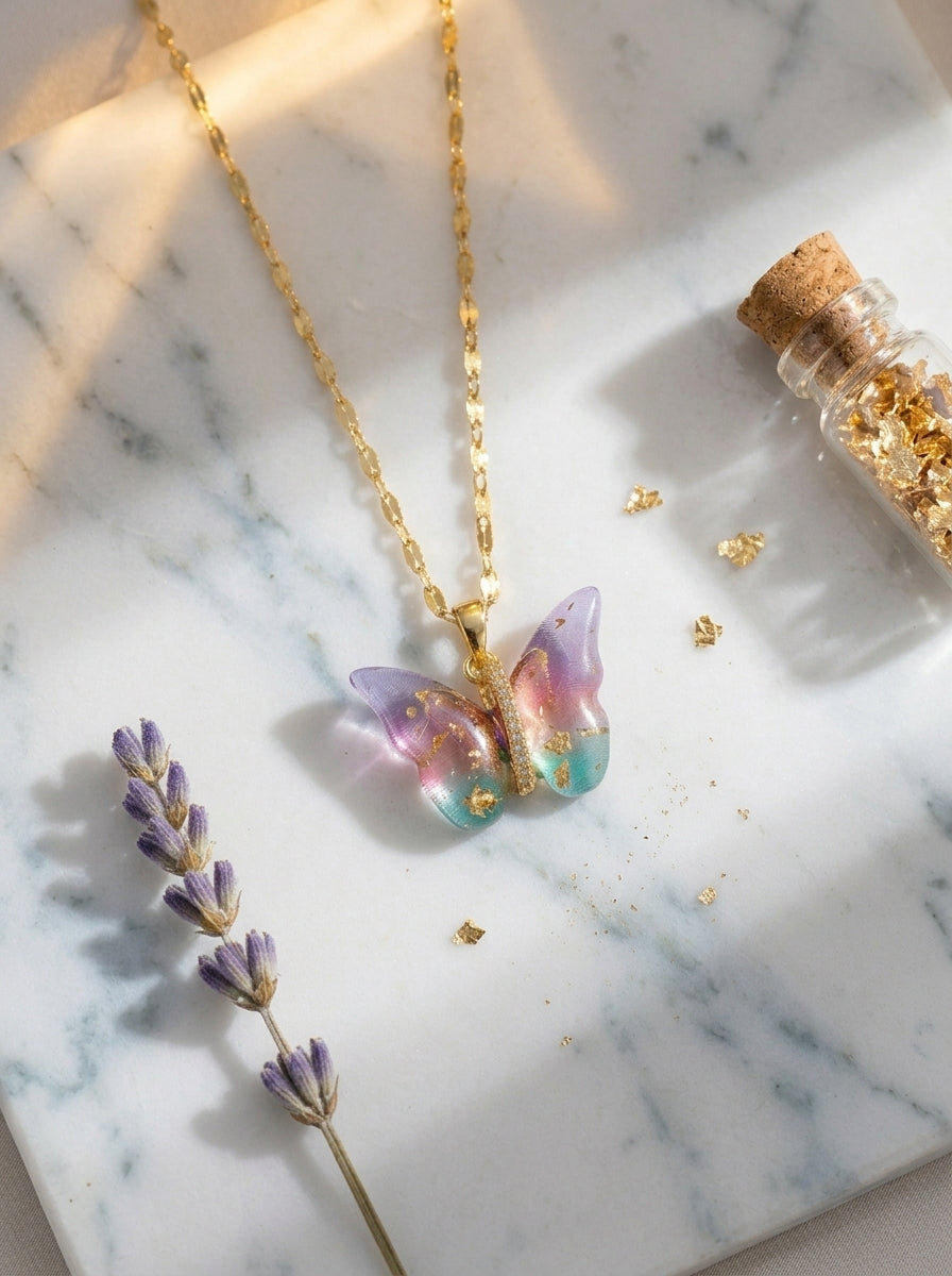Radiant Butterfly Pendant Necklace | Colored Stone Studded | Adjustable Chain