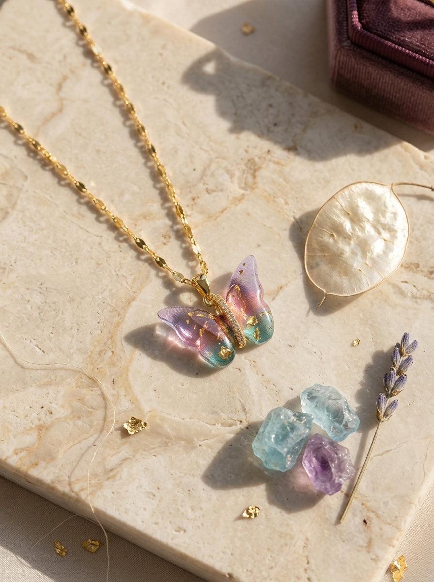 Radiant Butterfly Pendant Necklace | Colored Stone Studded | Adjustable Chain