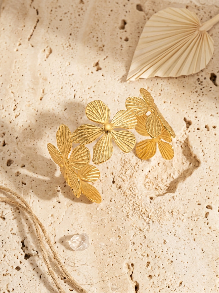 Blooming Garden Cuff Bracelet | Anti-Tarnish Gold Plated | Floral Design