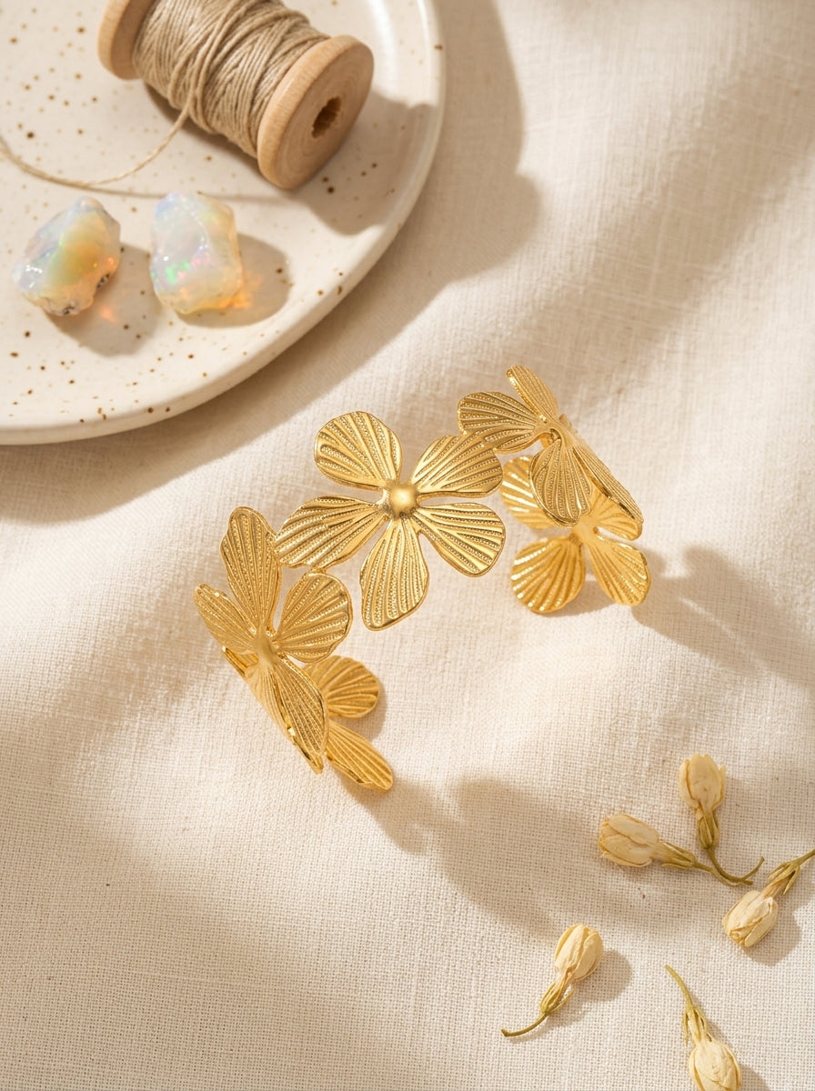 Blooming Garden Cuff Bracelet | Anti-Tarnish Gold Plated | Floral Design