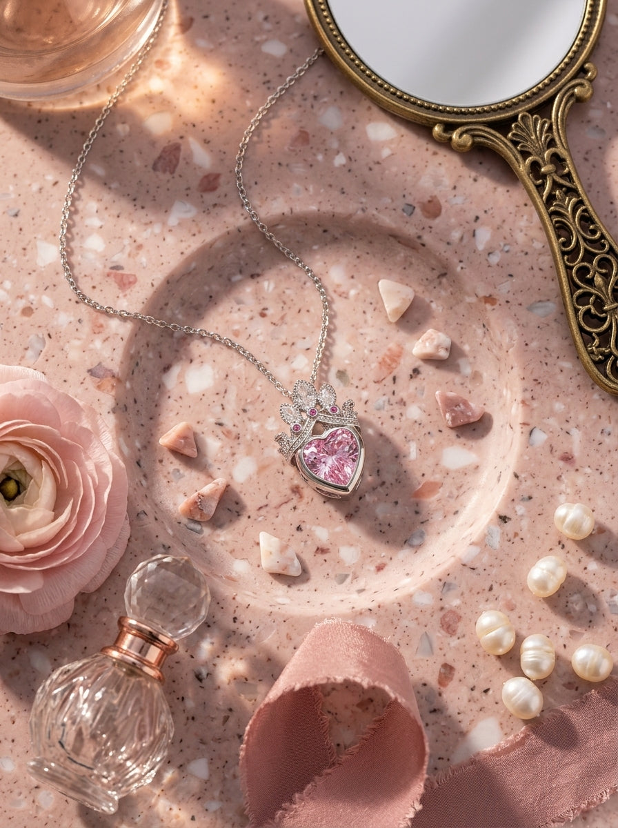 Crown of Hearts Pendant | Pink Stone Accent | Anti-Tarnish Gold Plated