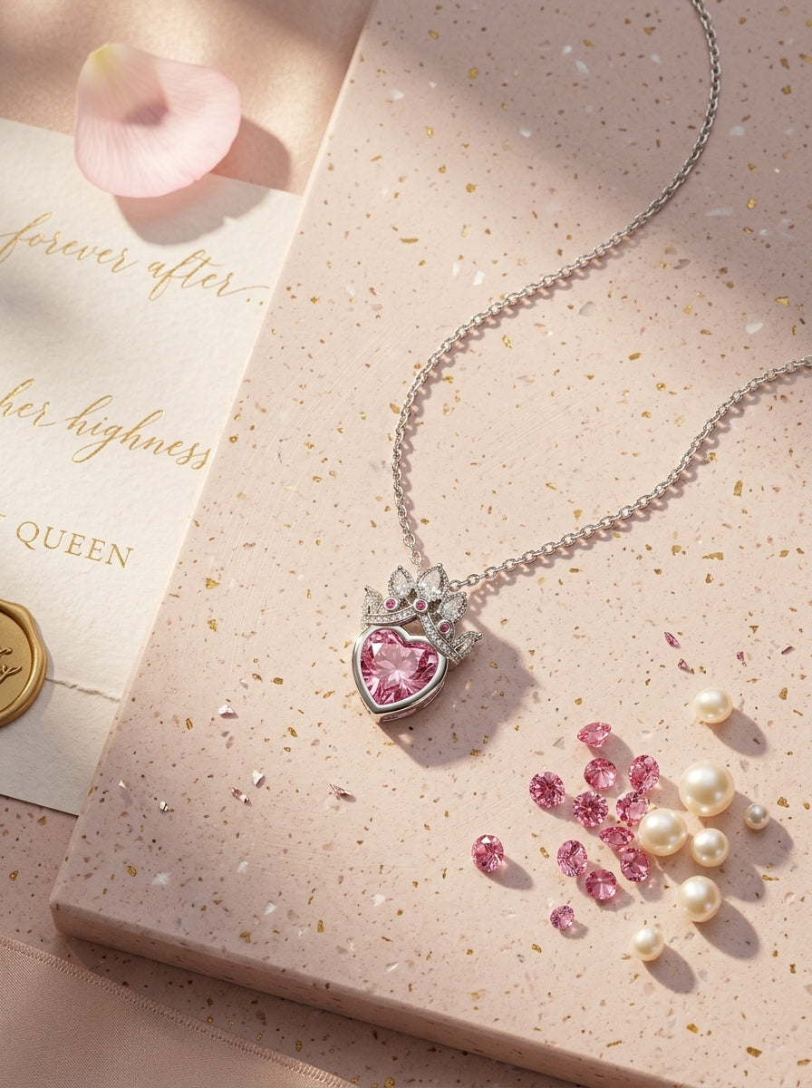 Crown of Hearts Pendant | Pink Stone Accent | Anti-Tarnish Gold Plated