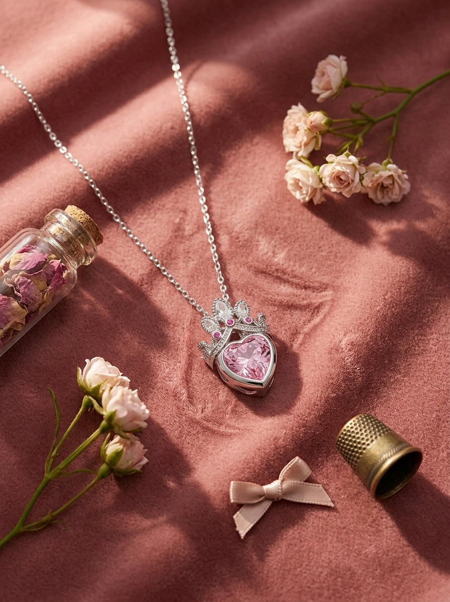 Crown of Hearts Pendant | Pink Stone Accent | Anti-Tarnish Gold Plated