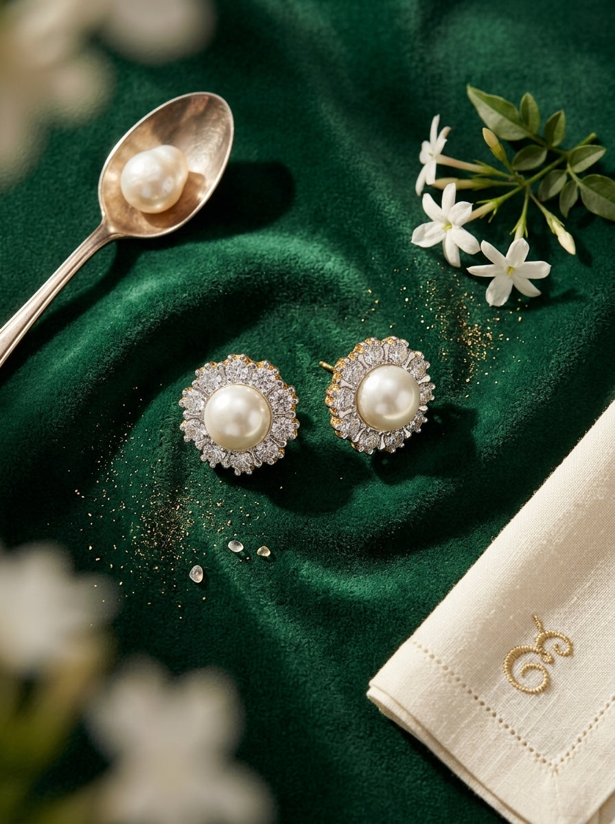 Celestial Pearl Drop Earrings | Diamond & Pearl Studded | Gold Plated