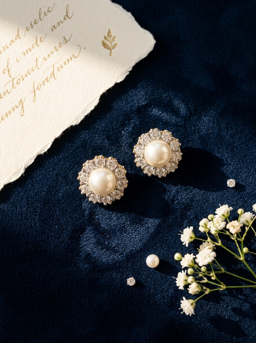 Celestial Pearl Drop Earrings | Diamond & Pearl Studded | Gold Plated