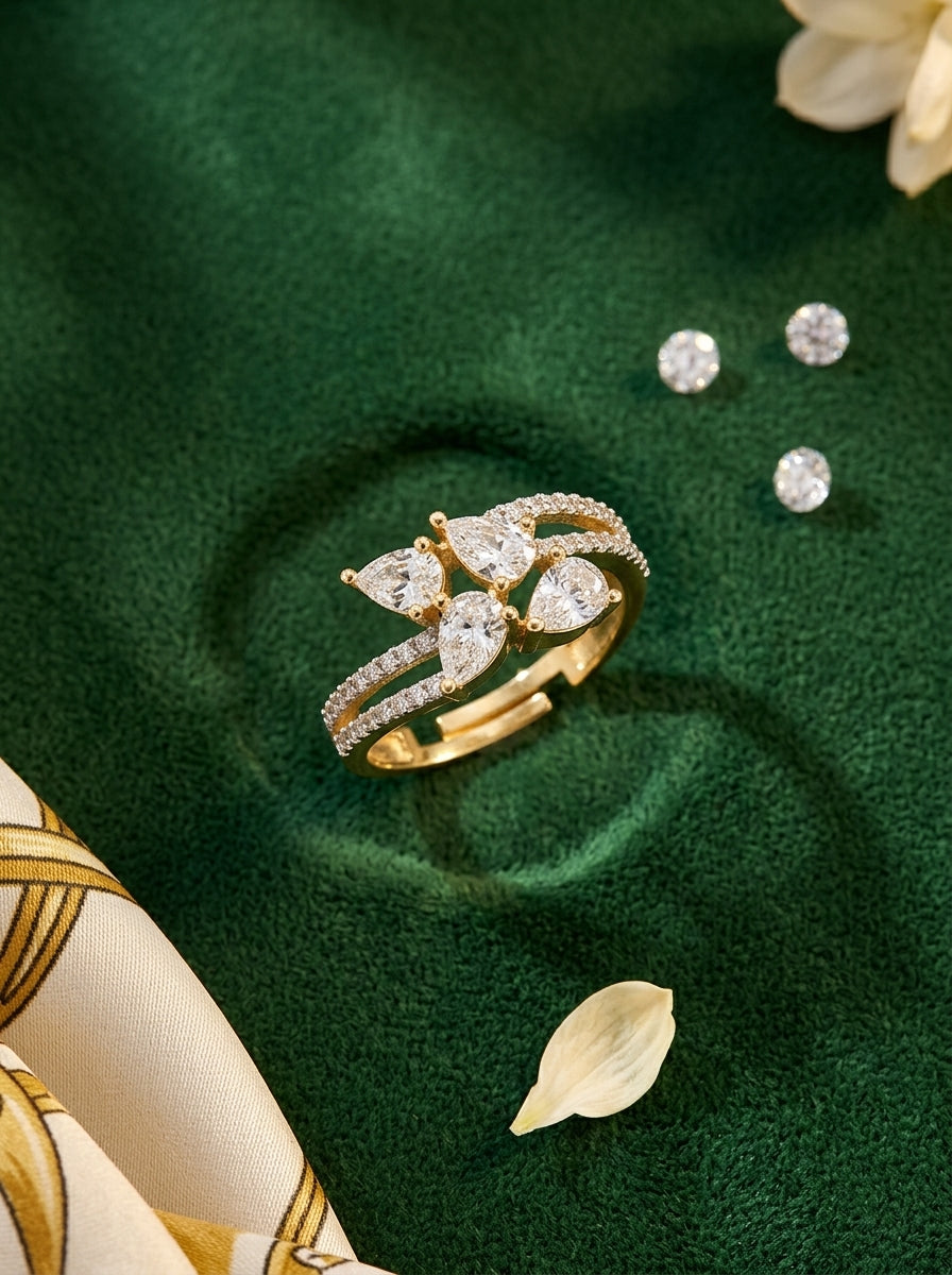 Radiance Square Ring | Diamond Studded | Adjustable Gold Plated