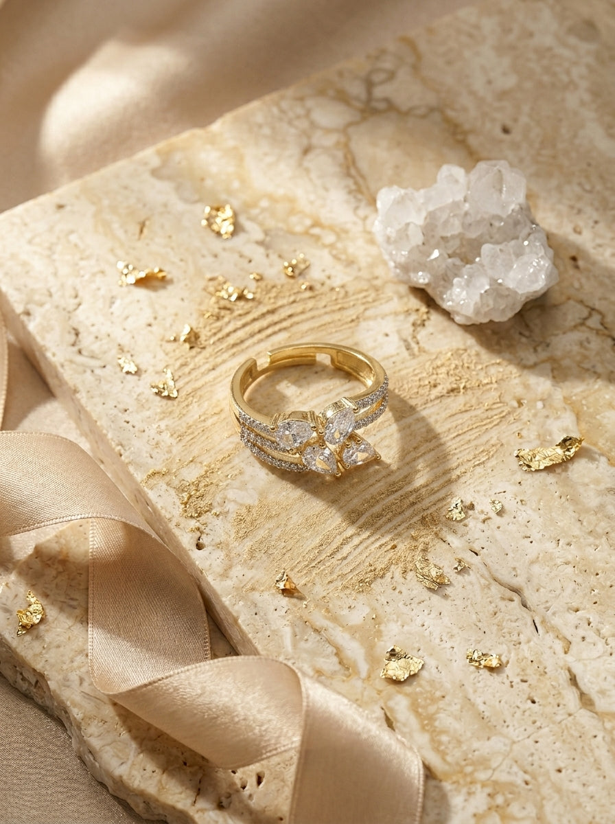 Radiance Square Ring | Diamond Studded | Adjustable Gold Plated