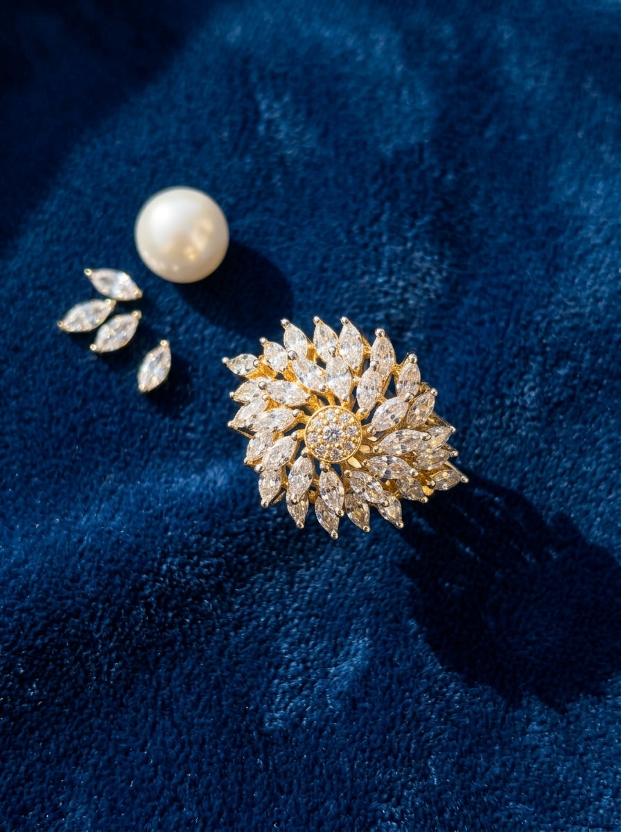 Imperial Statement Ring | Oversized Diamond Studded | Gold Plated