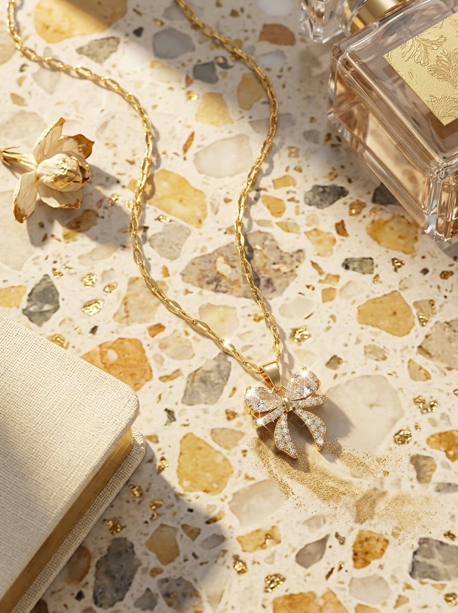 Enchanted Bow Pendant | Diamond Studded | Adjustable Gold Chain