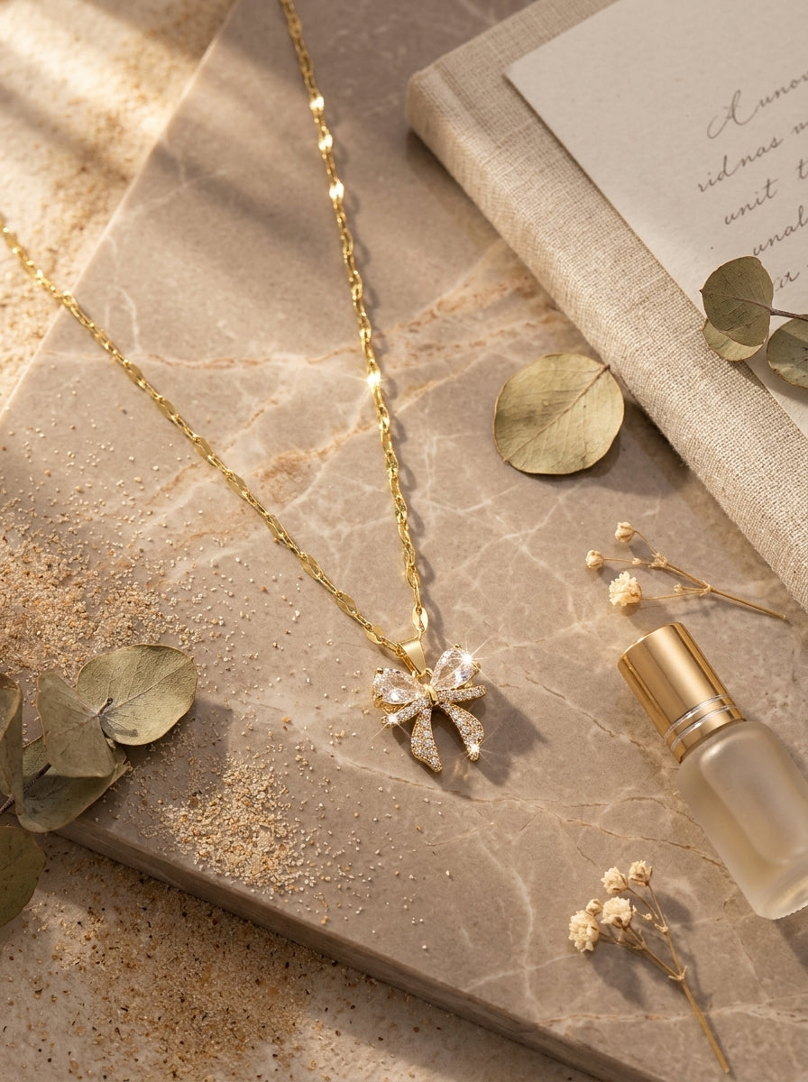 Enchanted Bow Pendant | Diamond Studded | Adjustable Gold Chain