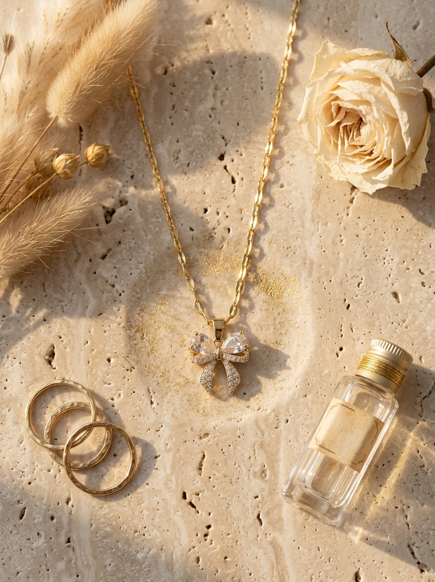 Enchanted Bow Pendant | Diamond Studded | Adjustable Gold Chain