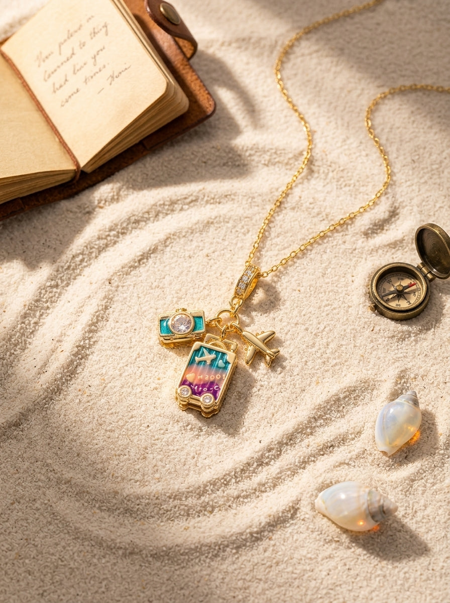 Wanderlust Travel Pendant | Colored Diamond Studded | Adjustable Chain