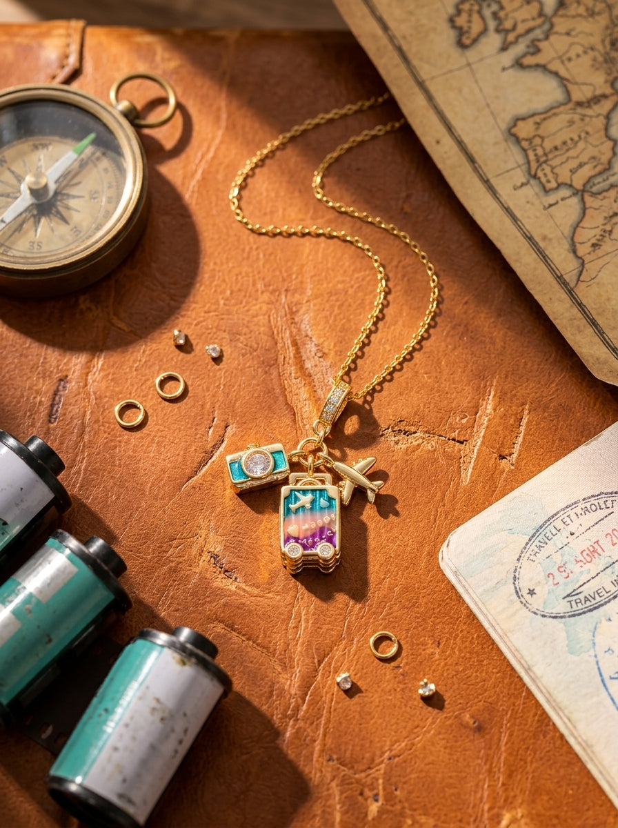 Wanderlust Travel Pendant | Colored Diamond Studded | Adjustable Chain