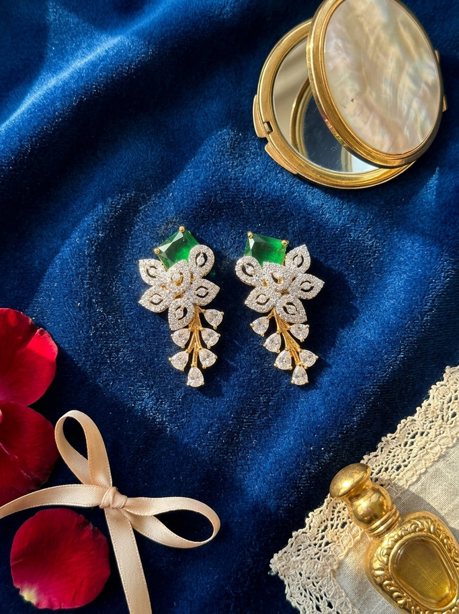 Emerald Garden Studs | Green Stone & Diamond | Gold Plated