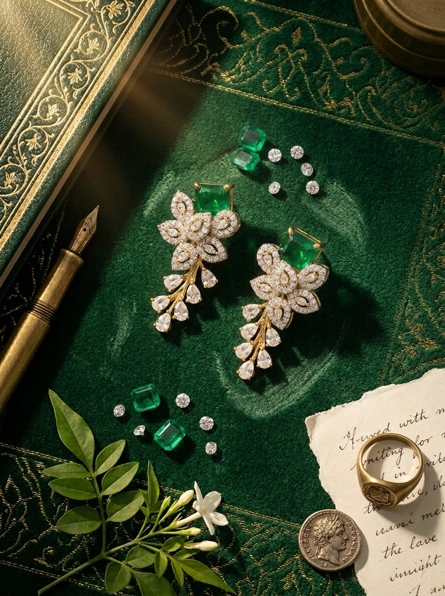 Emerald Garden Studs | Green Stone & Diamond | Gold Plated