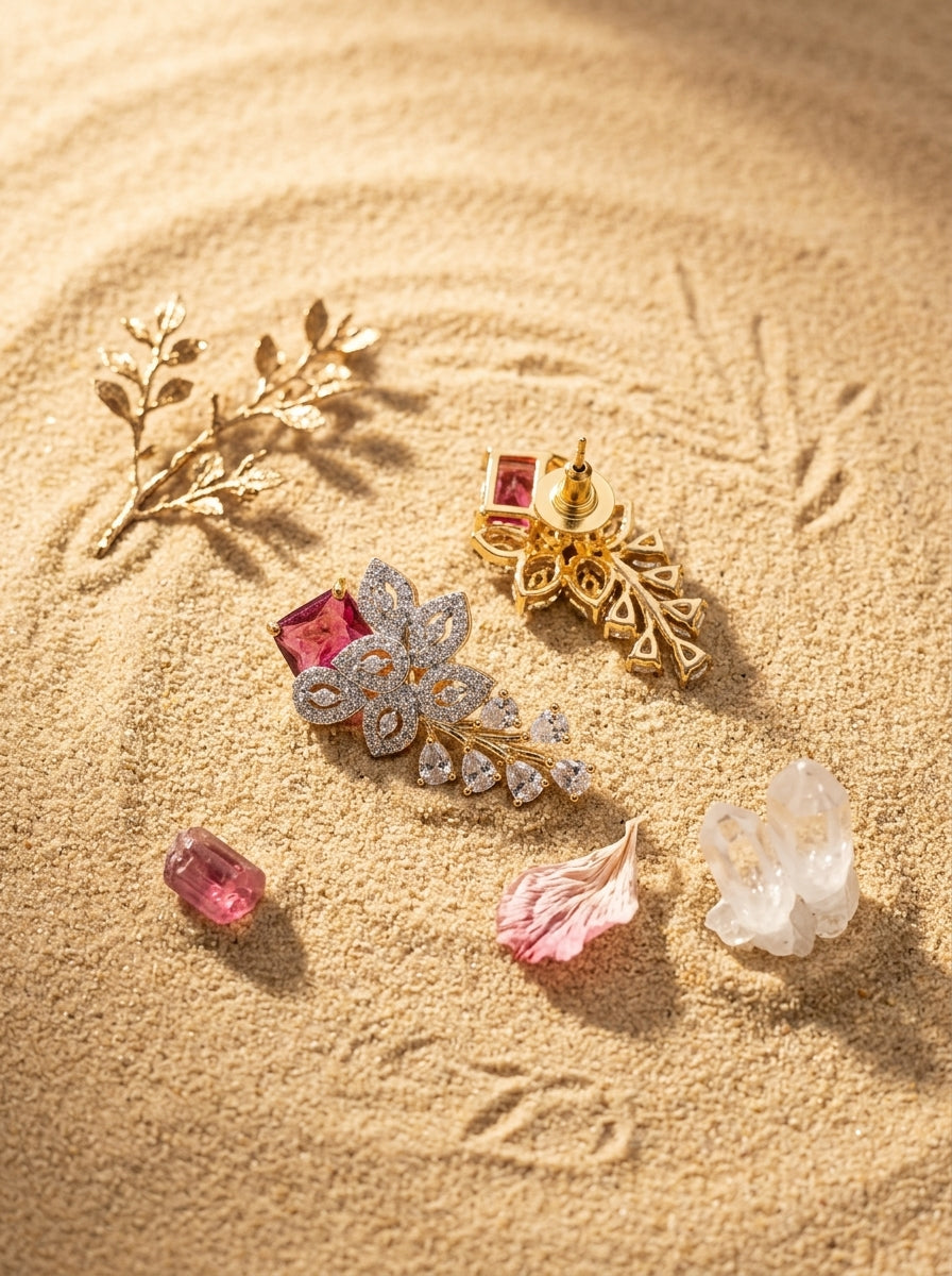 Blush Romance Studs | Pink Stone & Diamond | Gold Plated