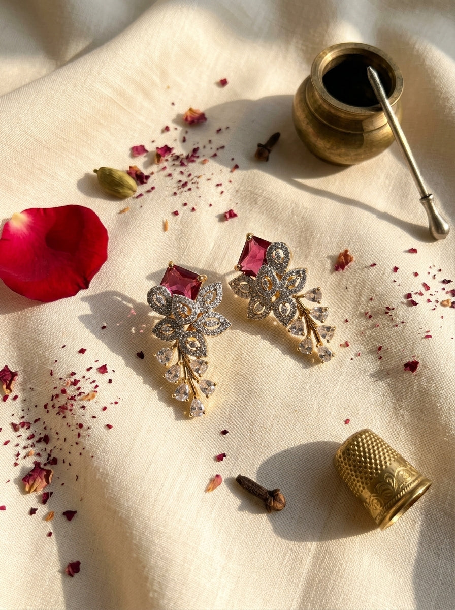 Blush Romance Studs | Pink Stone & Diamond | Gold Plated