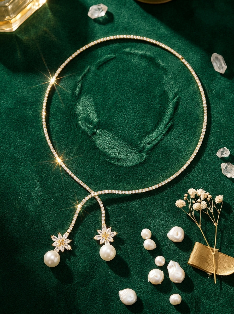 Pearl Halo Necklace | Diamond Studded | Gold Plated