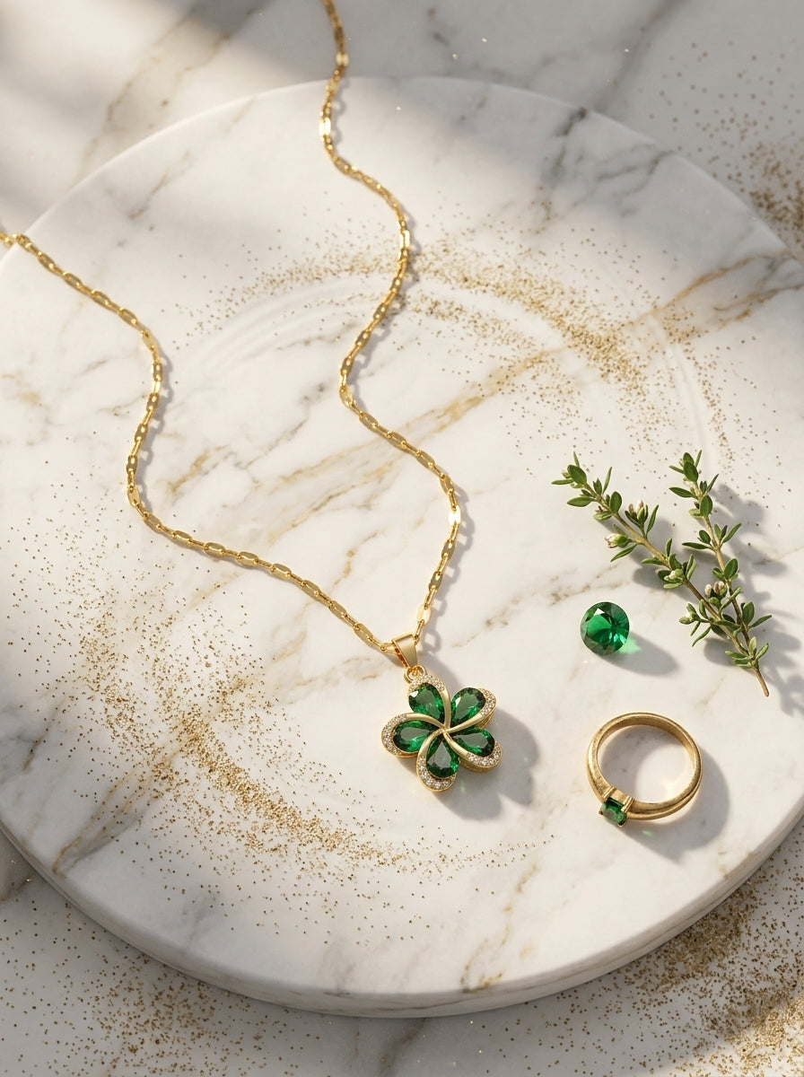 The Emerald Bloom Pendant | Diamond Studded | Adjustable Chain