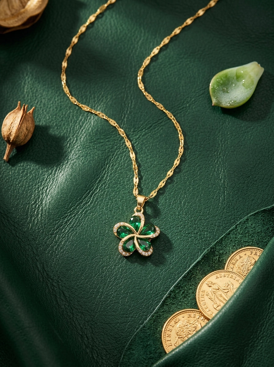 The Emerald Bloom Pendant | Diamond Studded | Adjustable Chain