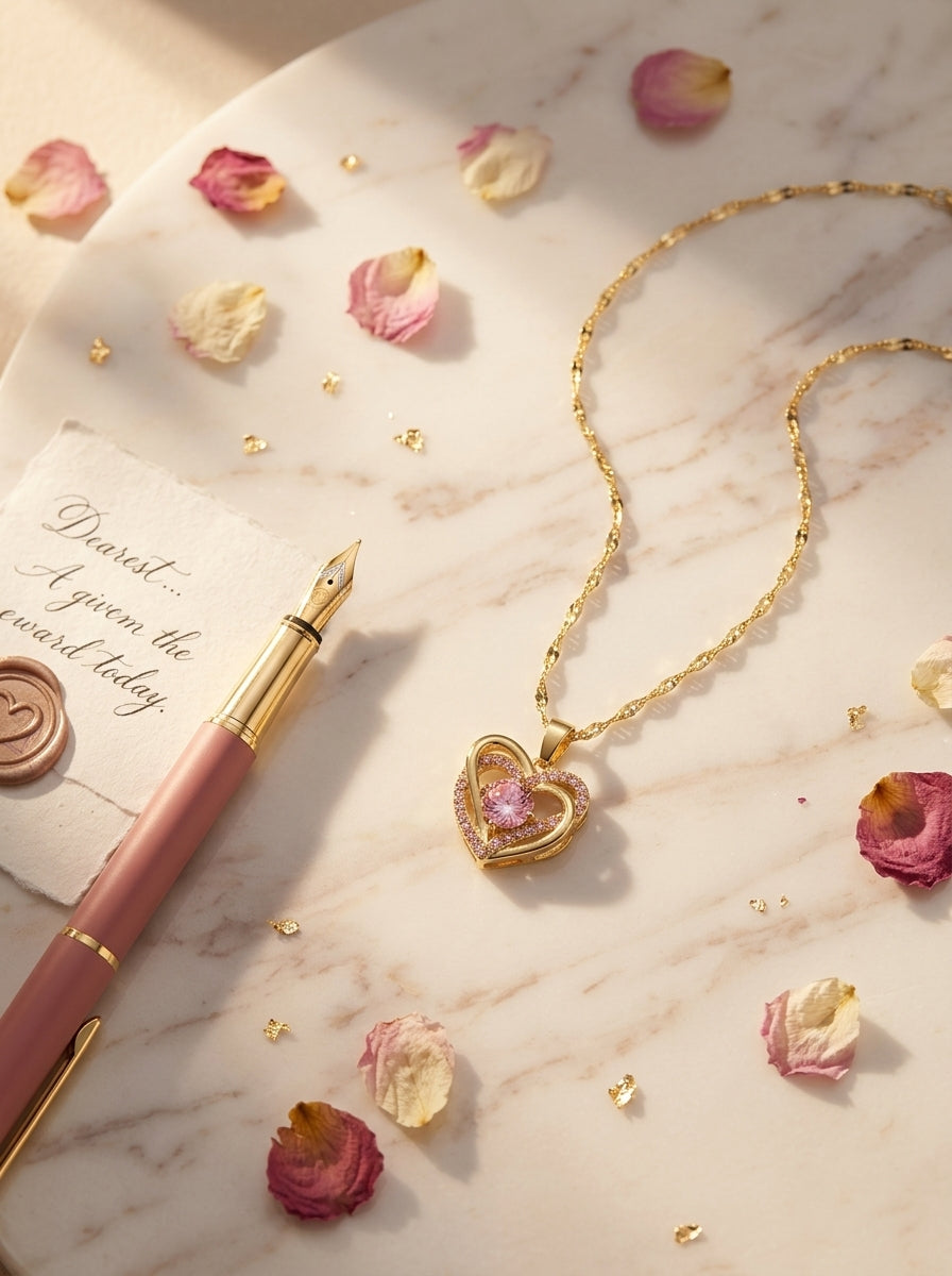 Blush Heartstone Pendant | Diamond Studded | Adjustable Gold Chain