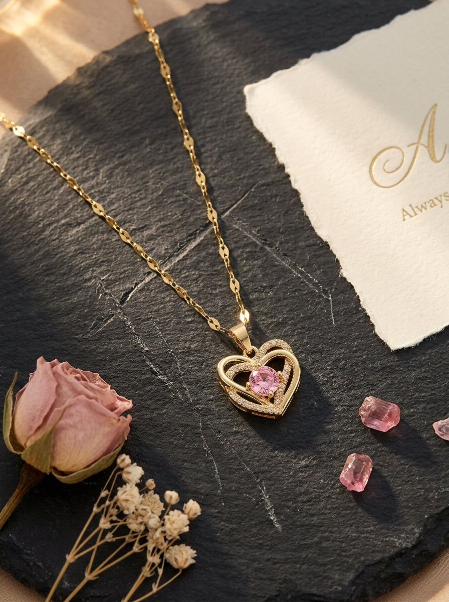 Blush Heartstone Pendant | Diamond Studded | Adjustable Gold Chain